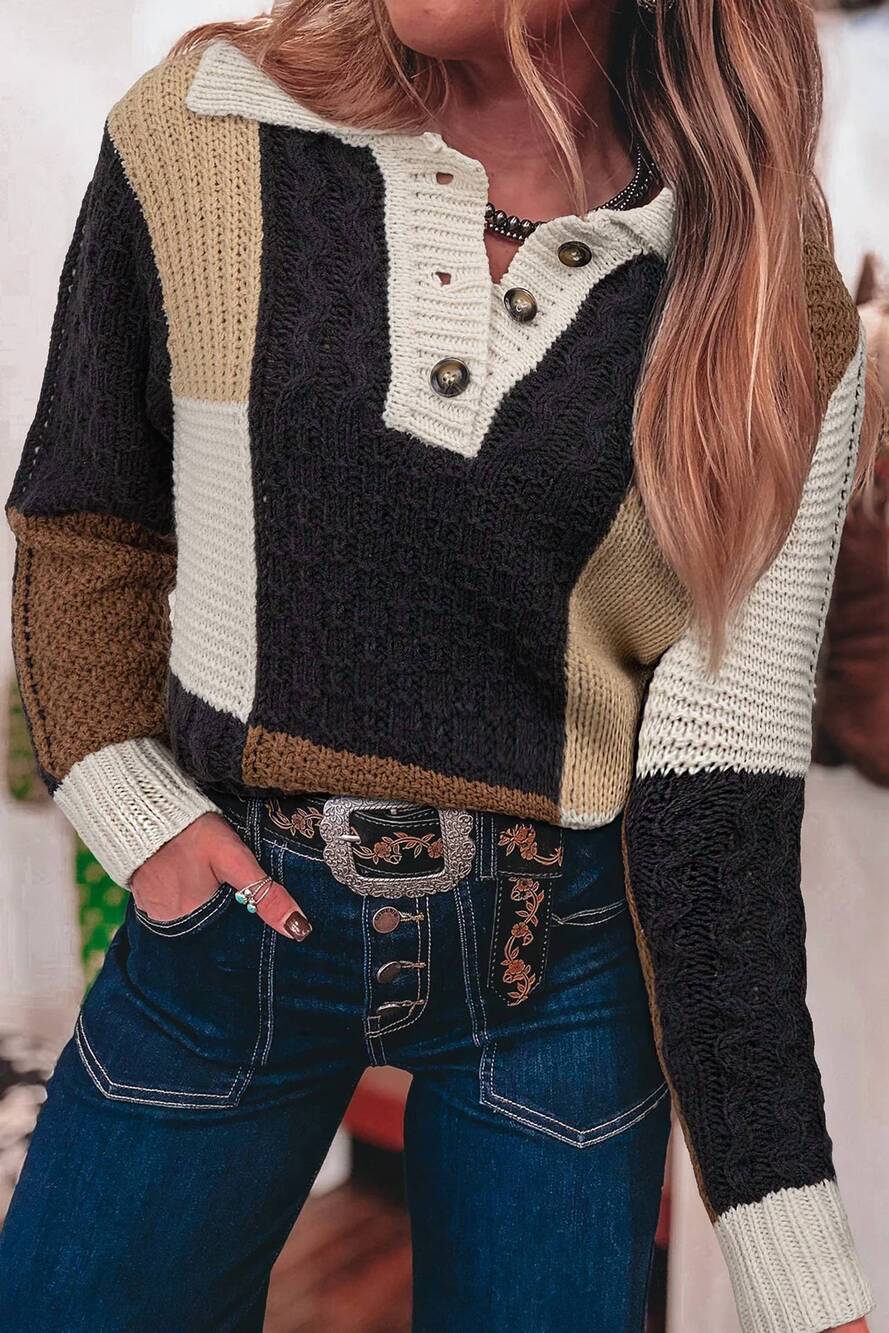 NEW SHEWIN cable knit sleeve buttons collared sweater in multicolor